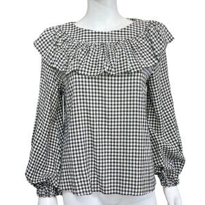 Zara Woman Gingham Check Ruffle Blouse Long Sleeve Black White Size L